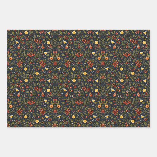 Martinis and Botanicals Holiday Wrapping Paper Geschenkpapier Set (Vorderseite)