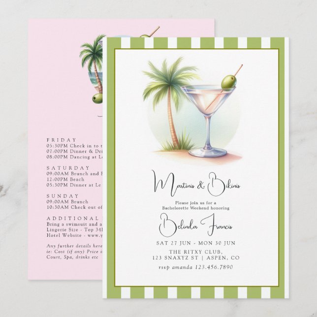 Martinis & Bikinis Junggesellinnenabschied Einladung (Vorne/Hinten)