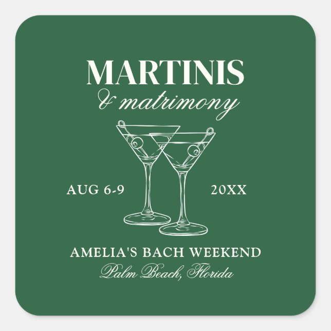 Martinis & Matrimony Bachelorette Wochenende Quadratischer Aufkleber (Vorderseite)