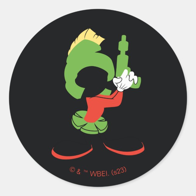 MARVIN DIE MARTIAN™-Silhouette mit Raygun Runder Aufkleber (Vorderseite)