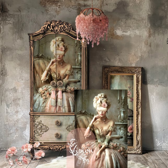 Mary Antoinette Delectable, Portrait & Floral Seidenpapier (Mary Antoinette Delectable, Portrait and floral vintage scene, sage green & pink decoupage paper.)
