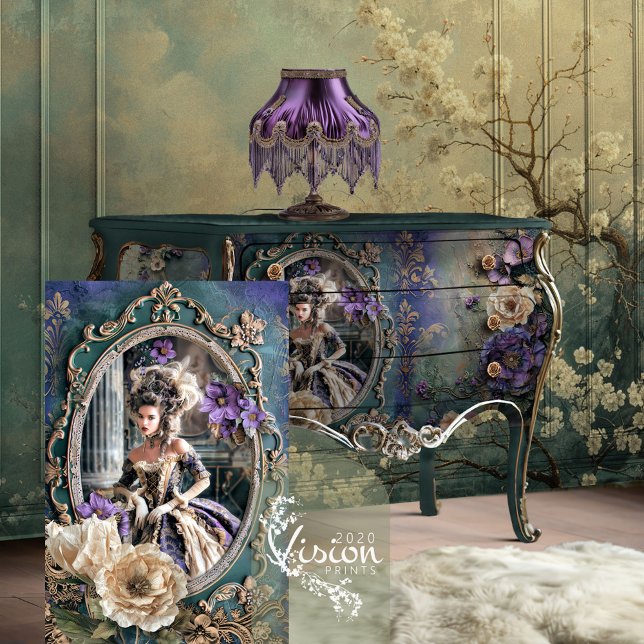 Mary Antoinette Era, High Fashion French Beauty Seidenpapier (Mary Antoinette, High Fashion Purple and Teal, Decoupage Tissue Paper.)
