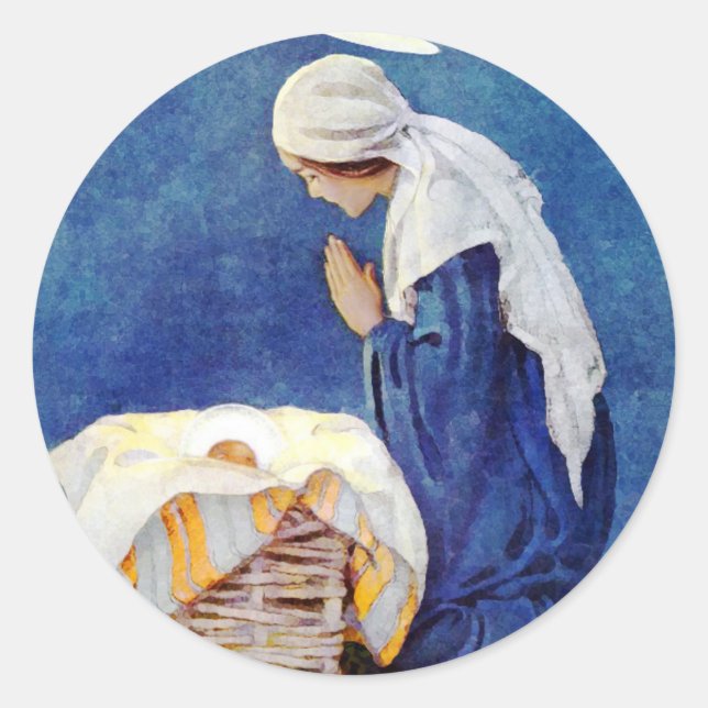 Mary Beten und Baby Jesus Runder Aufkleber (Vorderseite)
