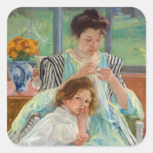 Mary Cassatt - Junge Mutter beim Nähen Quadratischer Aufkleber