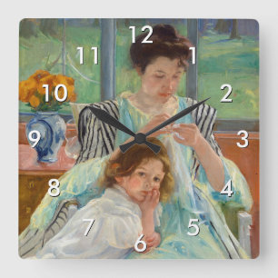Mary Cassatt - Jungmütternähen Quadratische Wanduhr