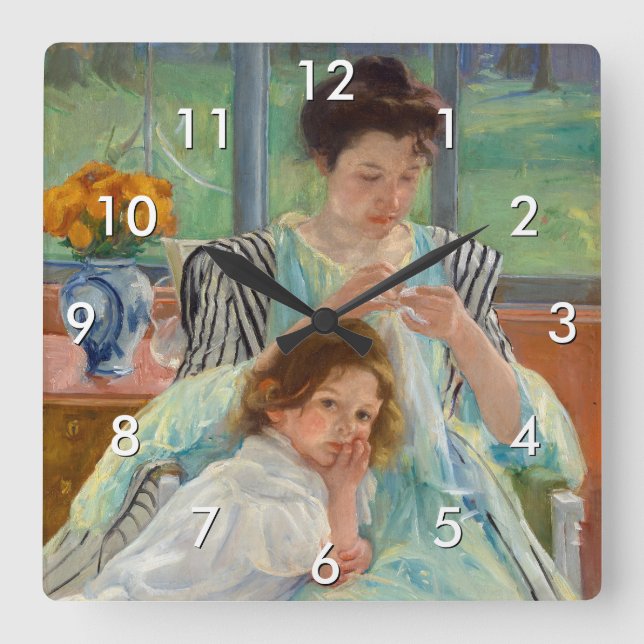 Mary Cassatt - Jungmütternähen Quadratische Wanduhr (Vorderseite)
