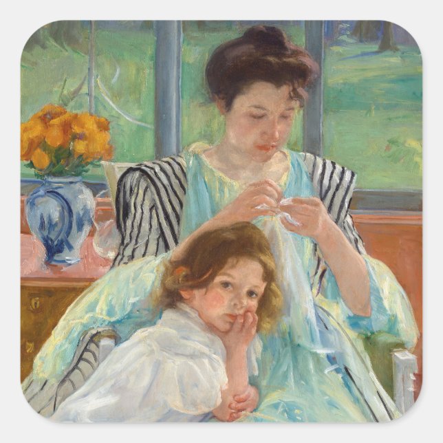 Mary Cassatt - Jungmütternähen Quadratischer Aufkleber (Vorderseite)