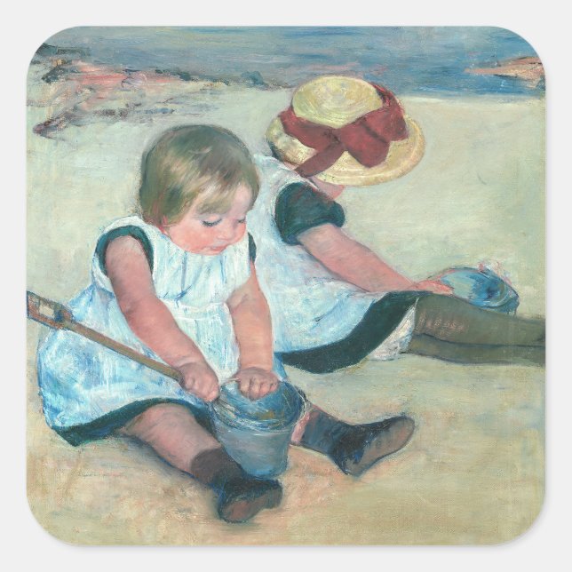 Mary Cassatt - Kinder, die am Strand spielen Quadratischer Aufkleber (Vorderseite)