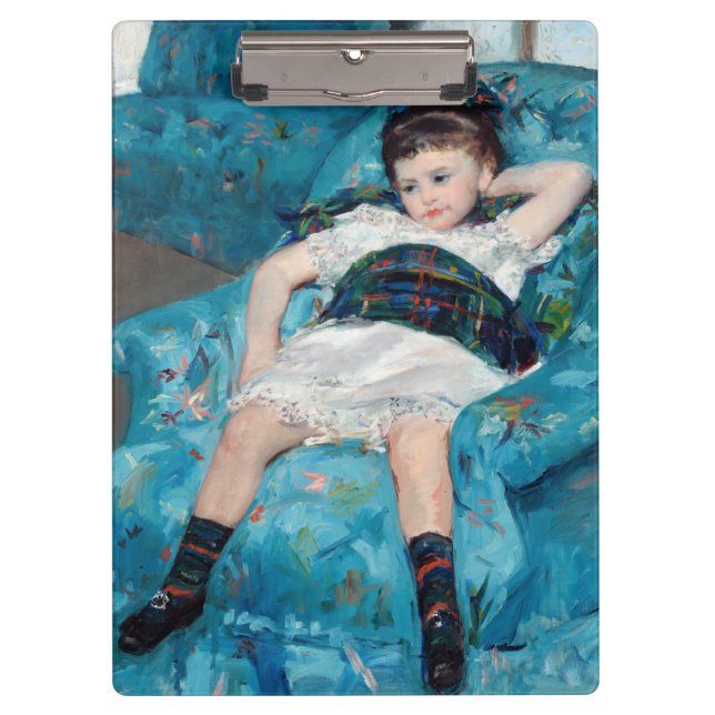 Mary Cassatt - Kleines Mädchen in einem blauen Ses Klemmbrett (Vorderseite)