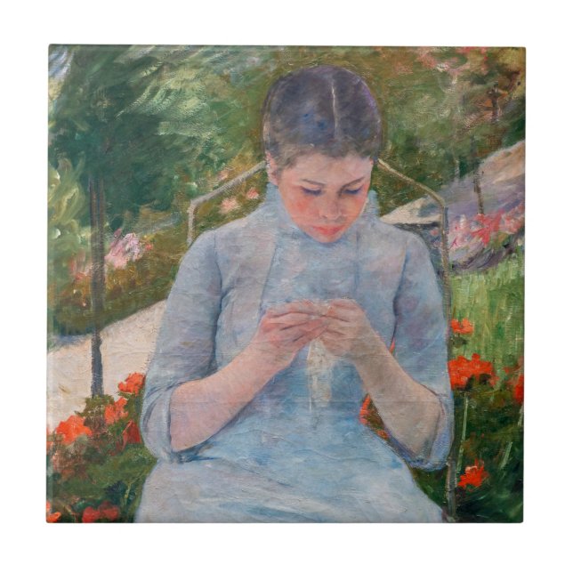 Mary Cassatt - Mädchen nähen im Garten Fliese (Vorderseite)