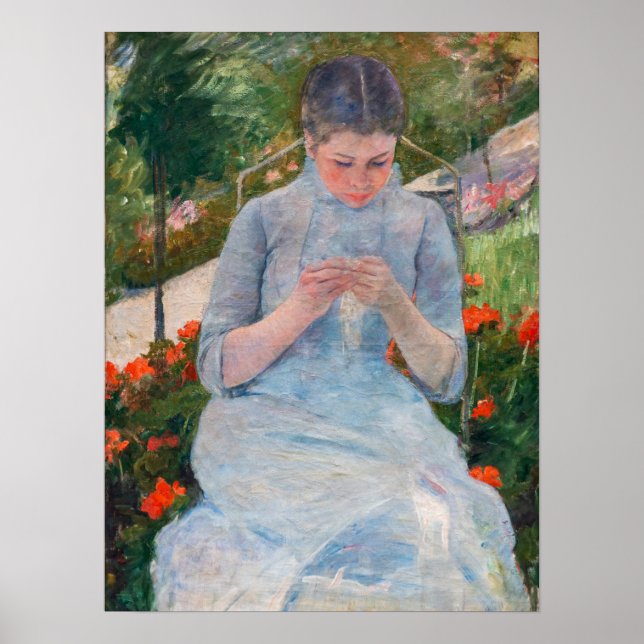 Mary Cassatt - Mädchen nähen im Garten Poster (Vorne)