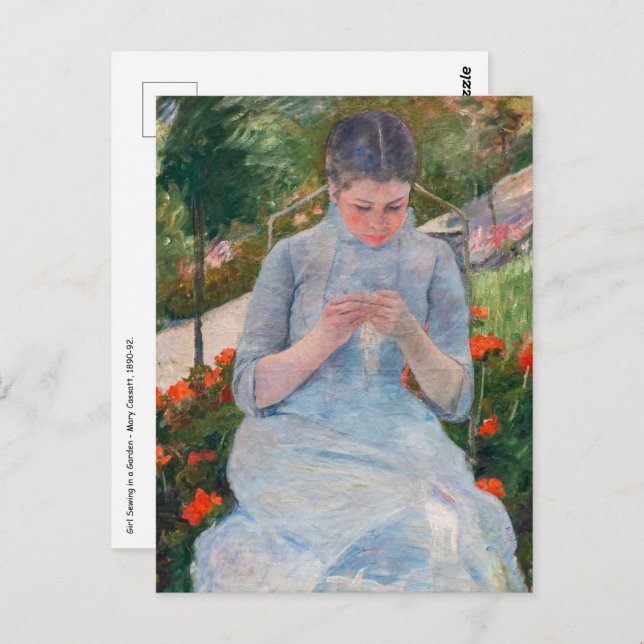 Mary Cassatt - Mädchen nähen im Garten Postkarte (Vorne/Hinten)