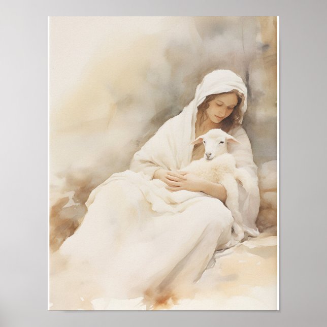 Mary Holding Lamb Wasserfarben Kunst drucken Poster (Vorne)