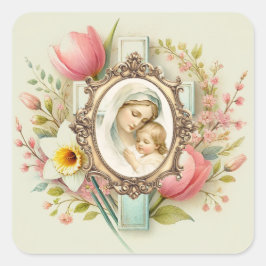 Mary Jesus Floral Cross Religious Spring Quadratischer Aufkleber