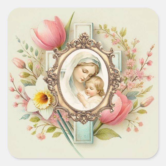 Mary Jesus Floral Cross Religious Spring Quadratischer Aufkleber (Vorderseite)
