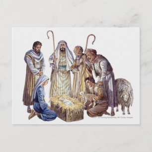 Mary, Joseph und Hirten, die den Säugling Jesus um Postkarte