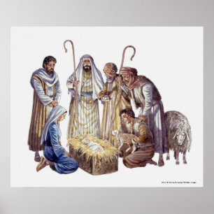 Mary, Joseph und Schäfer, die Baby Jesus umgeben Poster