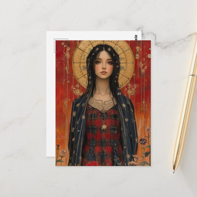 Mary mit rotem und goldenem Hintergrund Postkarte (Vorderseite/Rückseite Beispiel)
