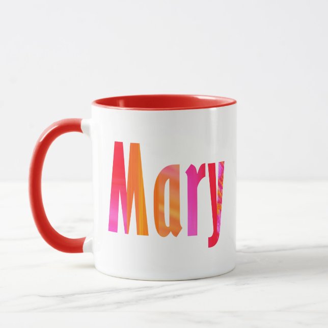 "Mary" Name, lustig farbenfroh rosa orangefarbene  Tasse (Links)