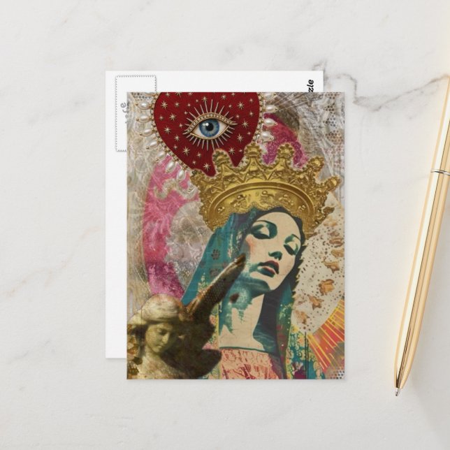 Mary und Engel Mixed Media Collage Postkarte (Vorderseite/Rückseite Beispiel)