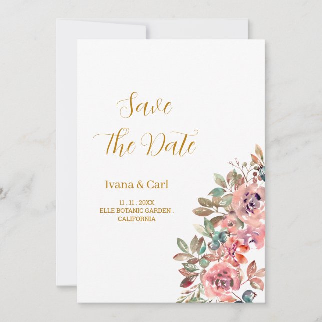 MARY Watercolor Rose Emerald Green Save The Date (Vorderseite)