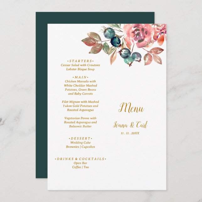 MARY Watercolor Rose Emerald Green Wedding Menükarte (Vorne/Hinten)