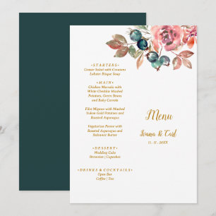 MARY Watercolor Rose Emerald Green Wedding Menükarte