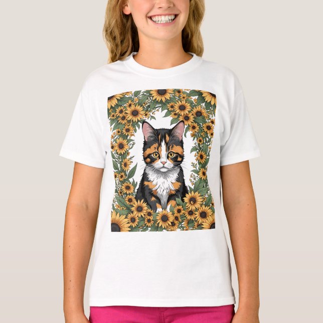 Maryland Calico Cat And Black Eyed Susan Flowers T-Shirt (Vorderseite)