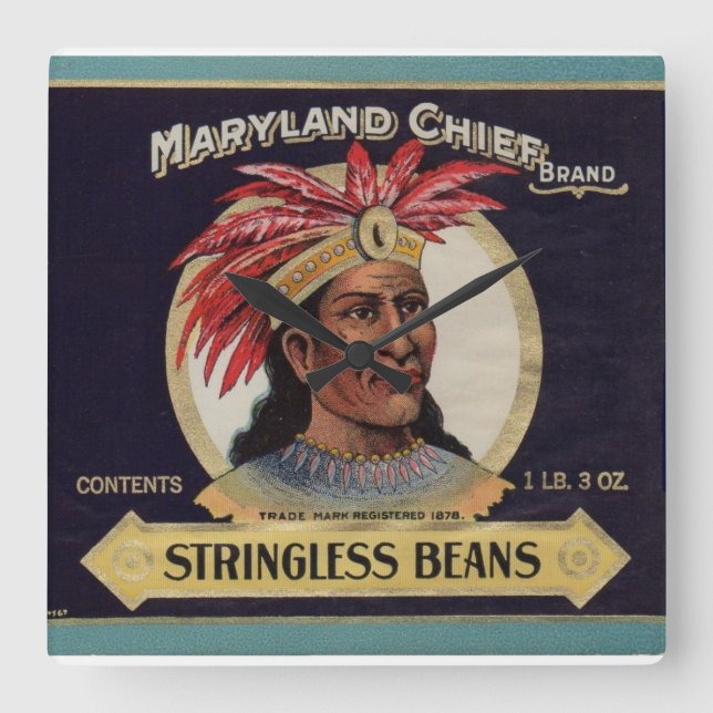 Maryland Chief Stringless Beans Label der 1930er J Quadratische Wanduhr (Vorderseite)