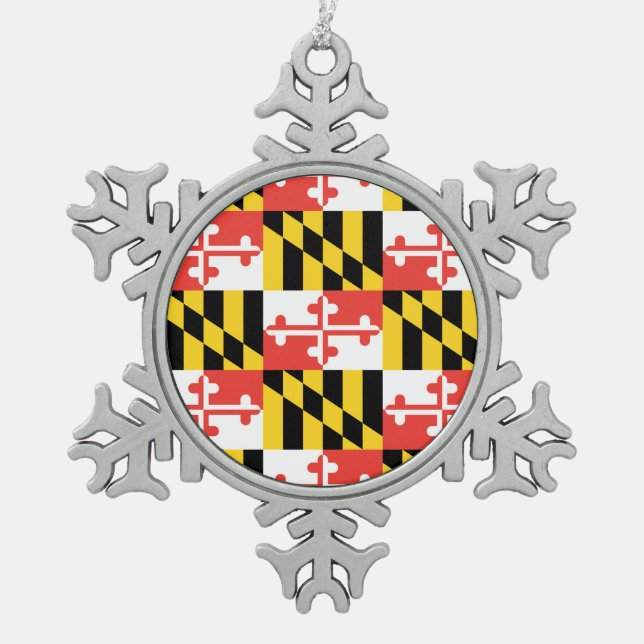 Maryland-Flaggen-Schneeflocke-gerahmte Verzierung Schneeflocken Zinn-Ornament (Vorderseite)