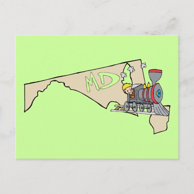 Maryland MD Map & Locomotive Cartoon Art Motto Postkarte (Vorderseite)