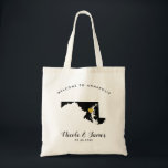 Maryland State Map Wedding Welcome Bag Tote, Black Tragetasche<br><div class="desc">Hochzeitswochenendenwillkommens-Geschenktasche für aus Stadtgäste zu Ihrer Hochzeit heraus,  Bild von Maryland,  mit Goldherzen kennzeichnend.  Füllen Sie Tasche mit Ihren Lieblingsguten sachen.</div>