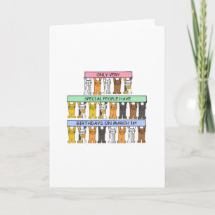 März 1. Geburtstag, Niedlicher Cartoon Katzen. Karte