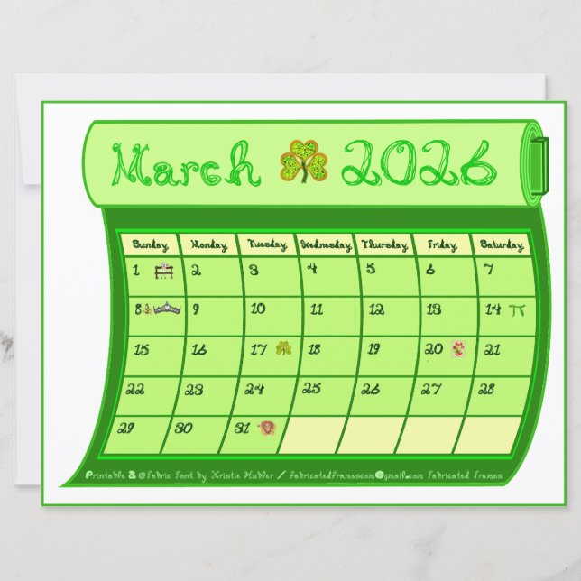 März 2026 Monat Grüner Kalender Stoff Schrift Papi (Vorderseite)