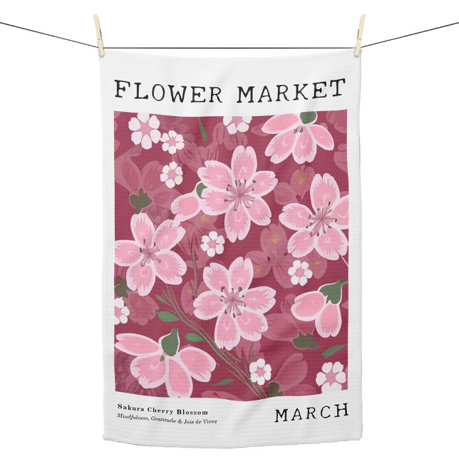 März Birth Blume Markt Rosa Sakura Kirschenblume P Geschirrtuch (Personalized March Birth Flower Market Kitchen Towel, Custom Floral Kitchen Towel, Sakura Cherry Art)