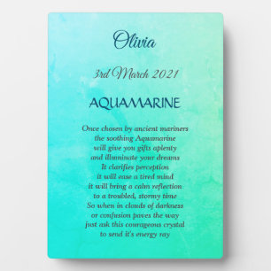 März Birthstone Aquamarine Plaque mit Easel Fotoplatte