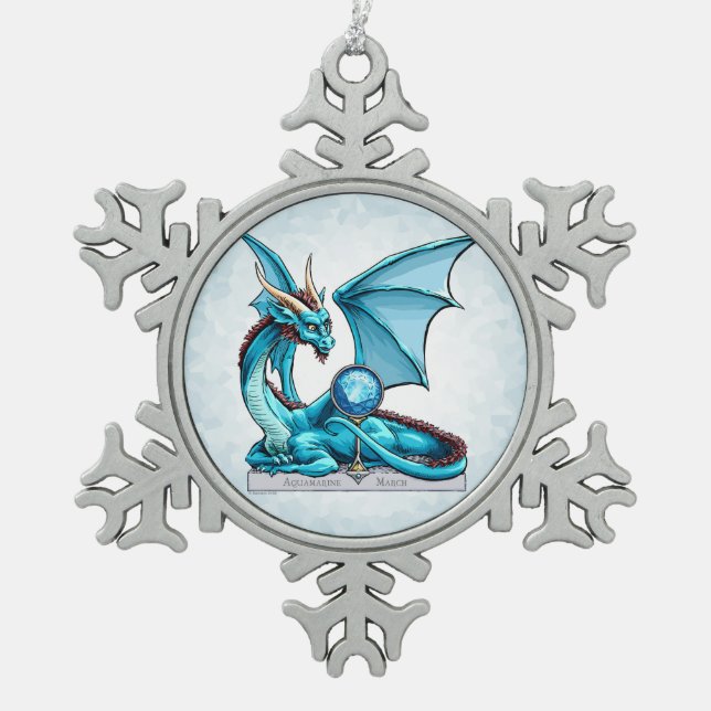 März Birthstone Drache: Aquamarine Schneeflocken Zinn-Ornament (Vorderseite)