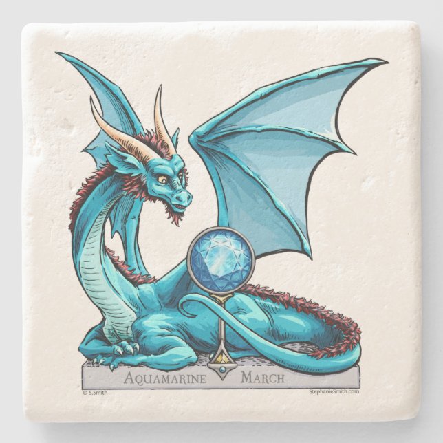 März Birthstone Drache: Aquamarine Steinuntersetzer (Vorderseite)