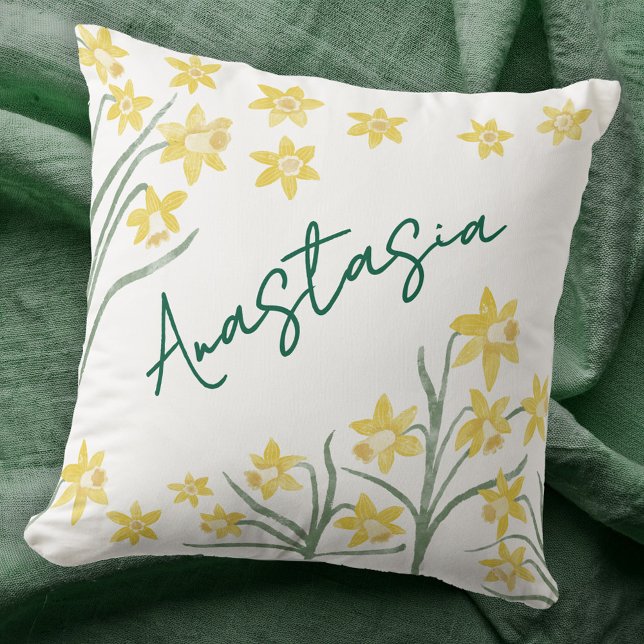 März Geburtsmonat Narzisse Personalisiert Kissen (March Birth Month Flower daffodil personalized custom name script font watercolor birthday pillow)