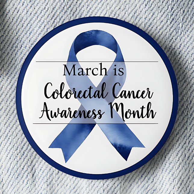März ist der Darmkrebsmonat Button (Blue awareness ribbon. March is Colorectal Cancer Awareness Month pinback button.)