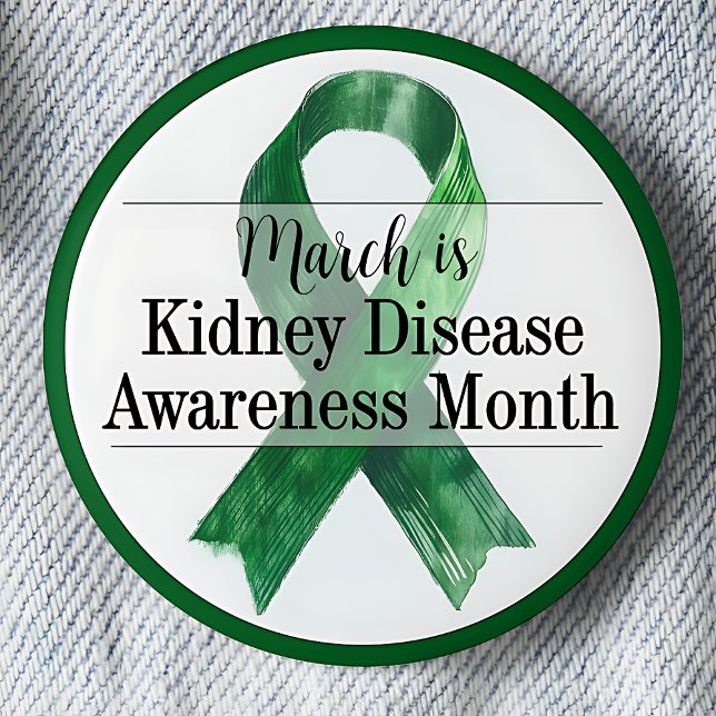 März Nierenerkrankung Monat Button (March is Kidney Disease Awareness month pinback button.  Green awareness ribbon.)