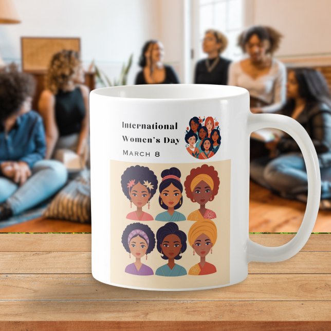 März zum Internationalen Frauentag 8 Kaffeetasse (A mug for International Women's Day on March 8th, illustrated with pictures of diverse women)