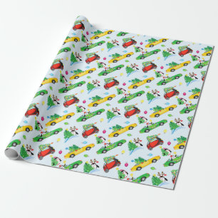 Maschinen mit Weihnachtsbäumen und Pinguinen Geschenkpapier