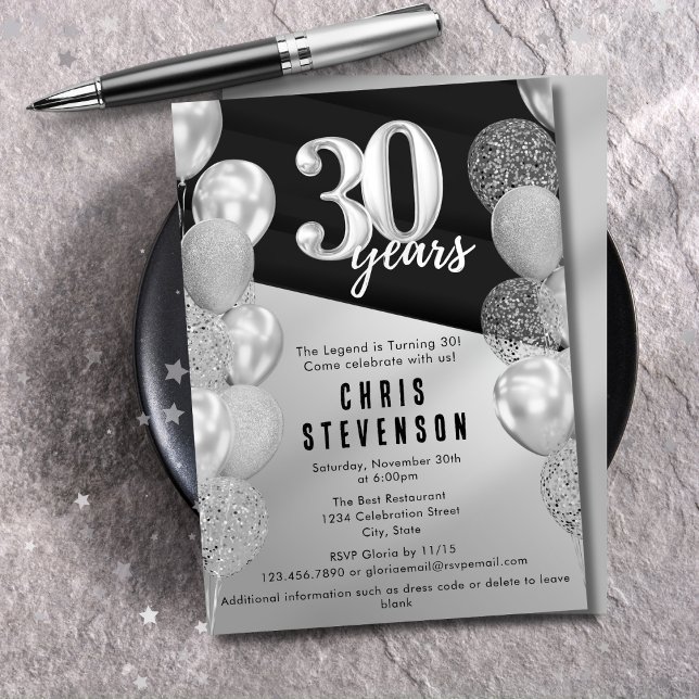 Masculine Black Silver Balloons 30. Geburtstag Einladung (Von Creator hochgeladen)