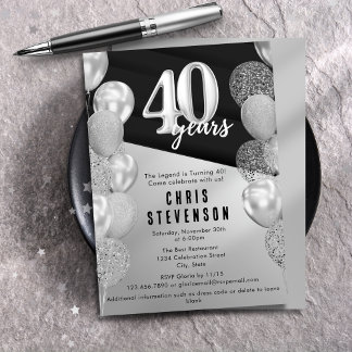Masculine Black Silver Balloons 40. Geburtstag Einladung