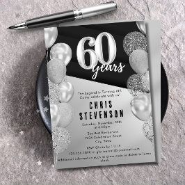 Masculine Black Silver Balloons 60. Geburtstag Einladung