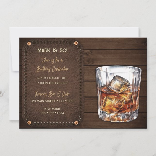 Masculine Bourbon Whiskey Scotch Wood Leather Einladung (Vorderseite)