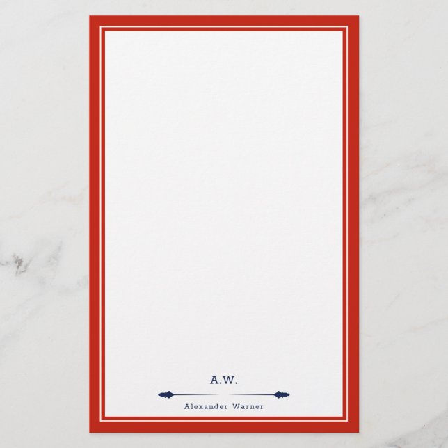 Masculine Elegant Red Navy Mit Monogramm Briefpapier (Vorderseite)