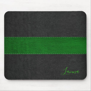 Masculine Green & Black Leather Monogram Mousepad