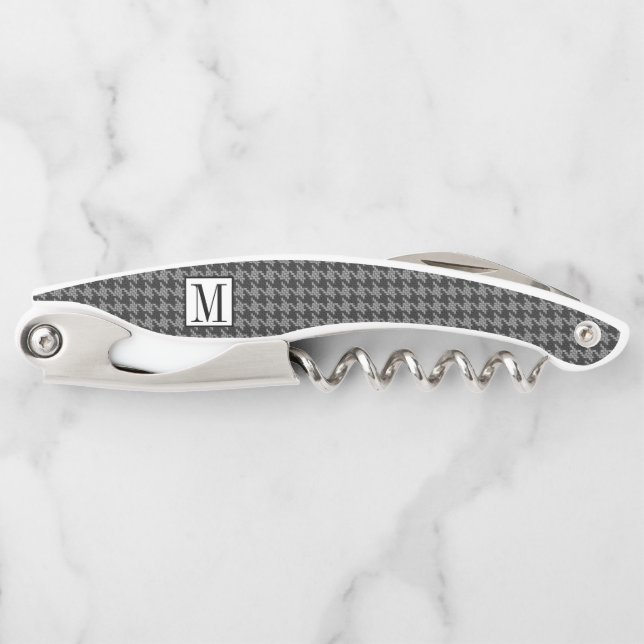 Masculine Monogram Hahnentrittmuster Schwarzes Gra Kellnermesser (Vorderseite)